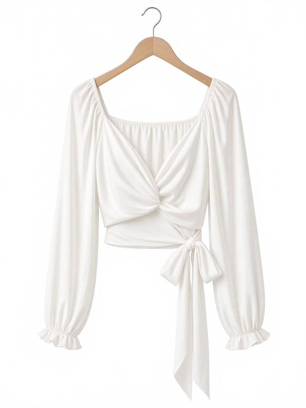 NEW MABLE women's long sleeve front twist crop top in white
